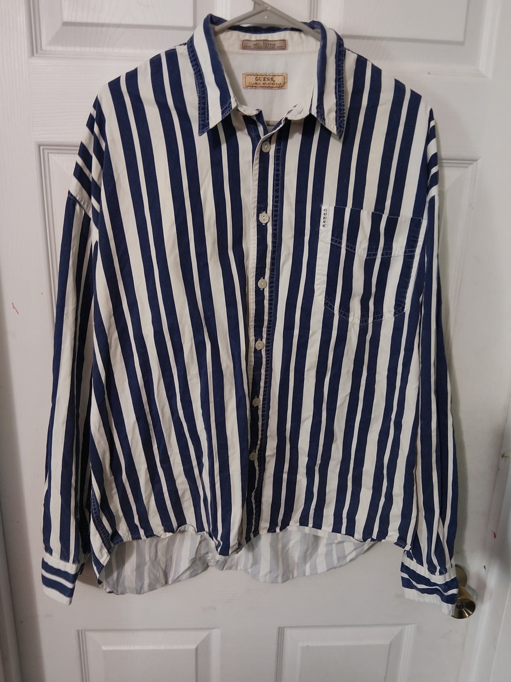 Vintage Guess Blue and White Vertical Stripe Button-Down Shirt